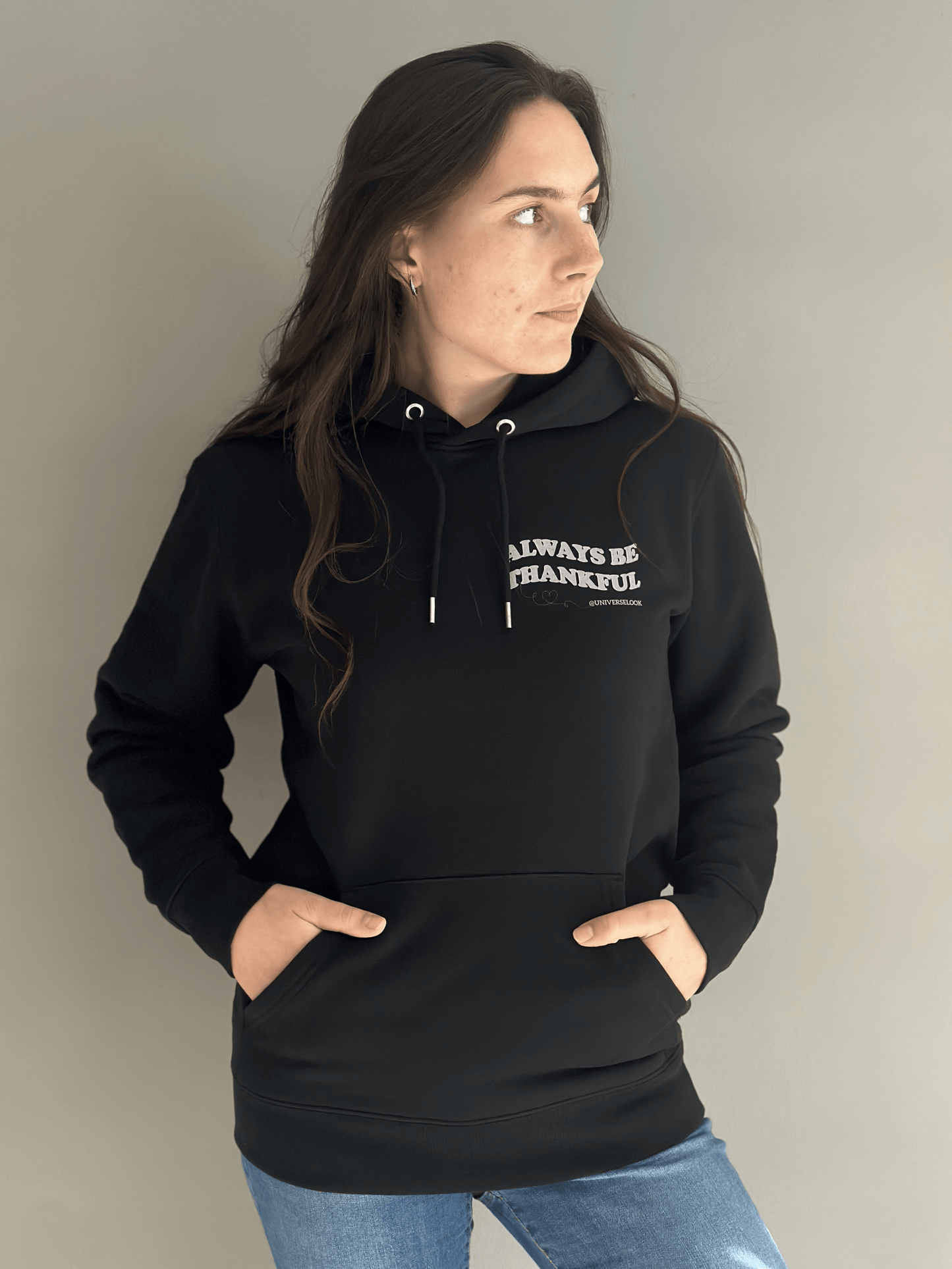 Bio Baumwolle Hoodie vegan fair Nachhaltigkeit Always be thankful Herz Universum Magische Motive